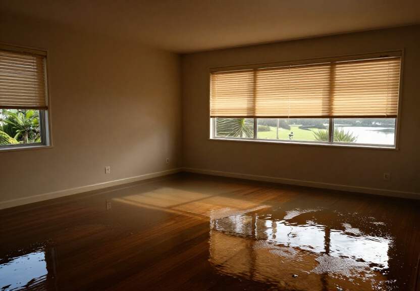 Flooded timber floor in a McMahons Point apartment before treatment
